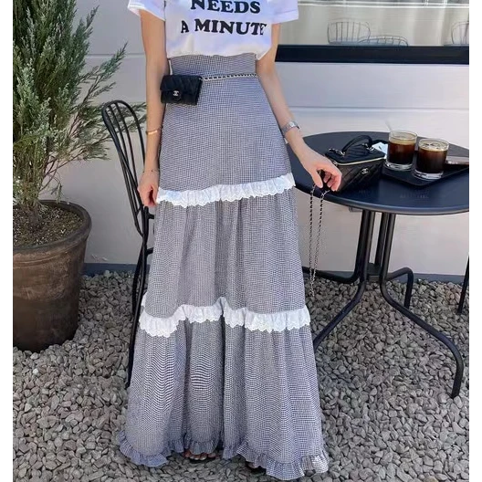 韩国chic复古高级感格子显瘦蕾丝花边拼接木耳边长款大摆半身裙女