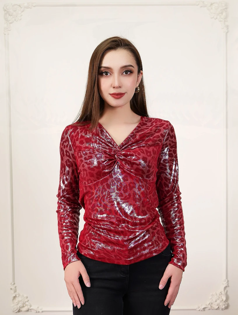 【皇后1】isilhanishV领 ｜秋冬新款设计感性感豹纹长袖V领T恤5019