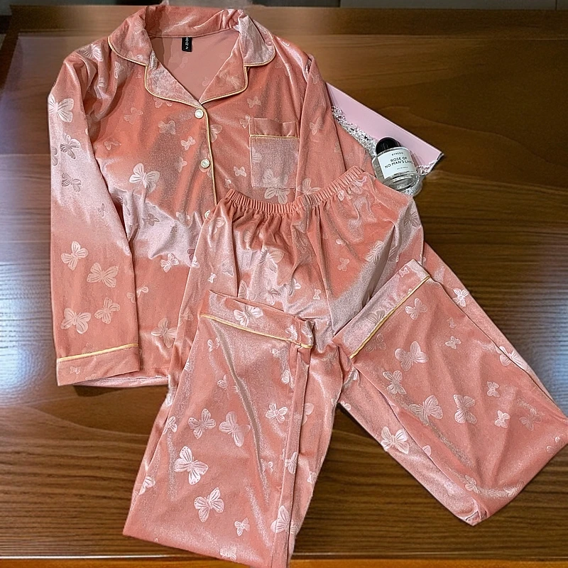 【压花金钻绒】睡衣女秋冬新款高级高档次保暖家居服带胸垫长袖套装