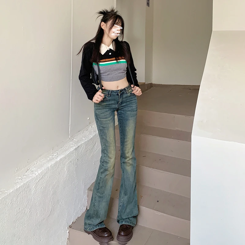 美式辣妹低腰水洗做旧喇叭时尚百搭拖地穿搭微喇裤裤微喇牛仔裤