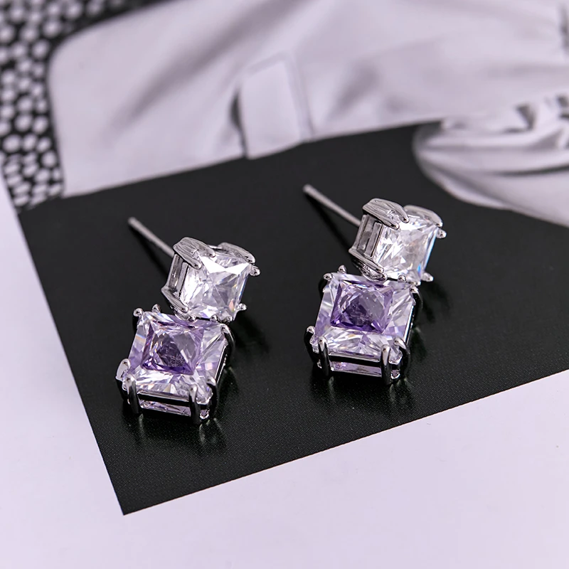 铜合金合成锆石耳饰 简约方形锆石紫色吊坠小众方糖设计耳环女318