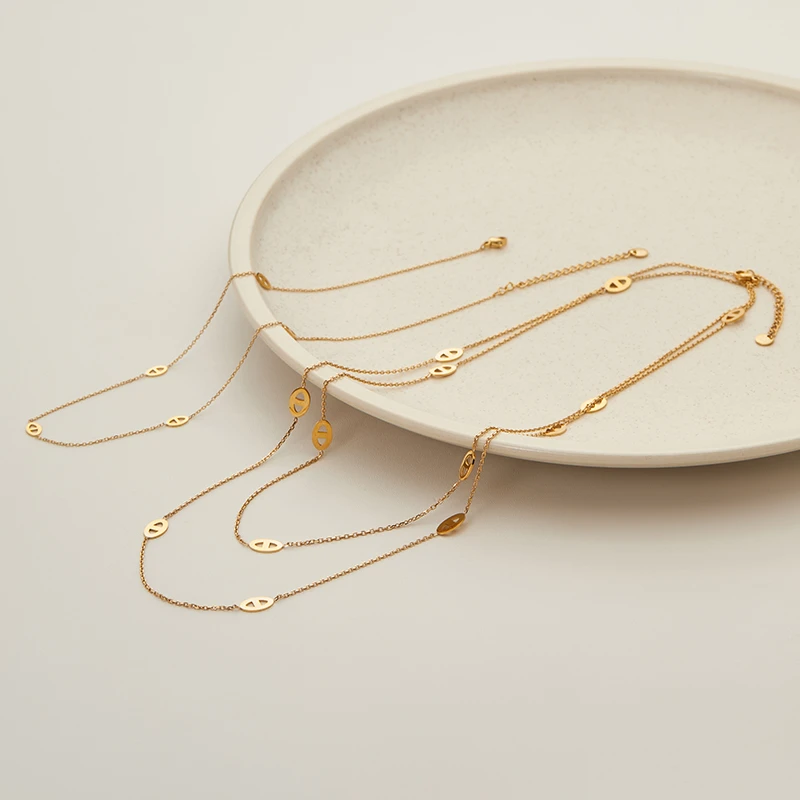 钛钢项链 洗澡不用摘韩国猪鼻子叠戴钛钢项链女简约锁骨链6000215