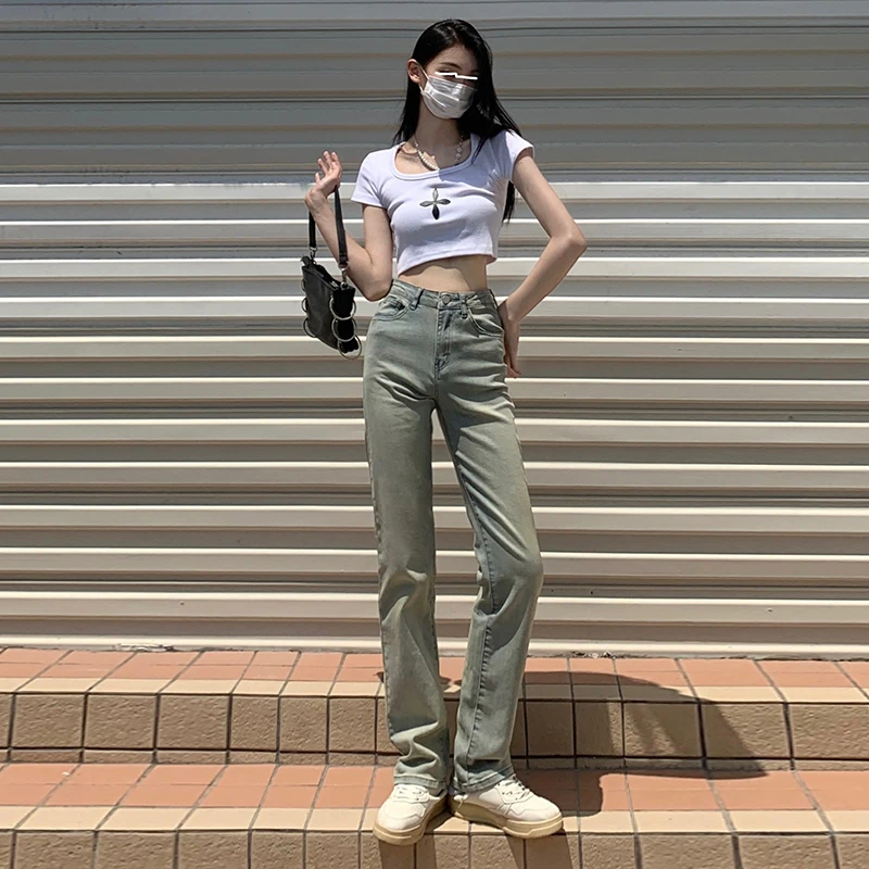 堆堆裤窄版复古美式水洗做旧黄泥牛仔裤女夏天高腰显瘦宽松直筒潮