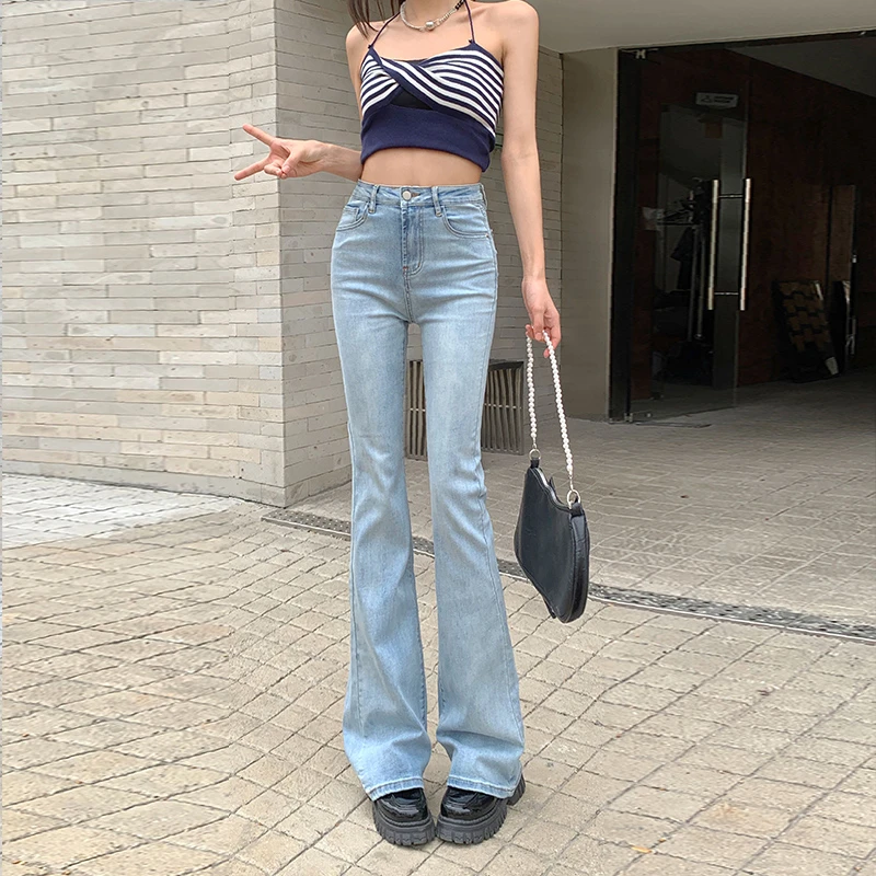 浅蓝微喇牛仔裤女春夏新款高腰显瘦弹力拖地裤喇叭裤小个子马蹄裤