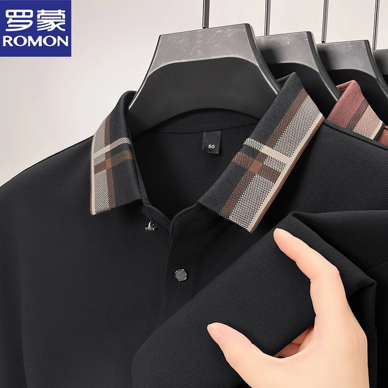 罗蒙春季商务休闲polo衫中年爸爸装修身百搭无痕免烫翻领长袖T恤