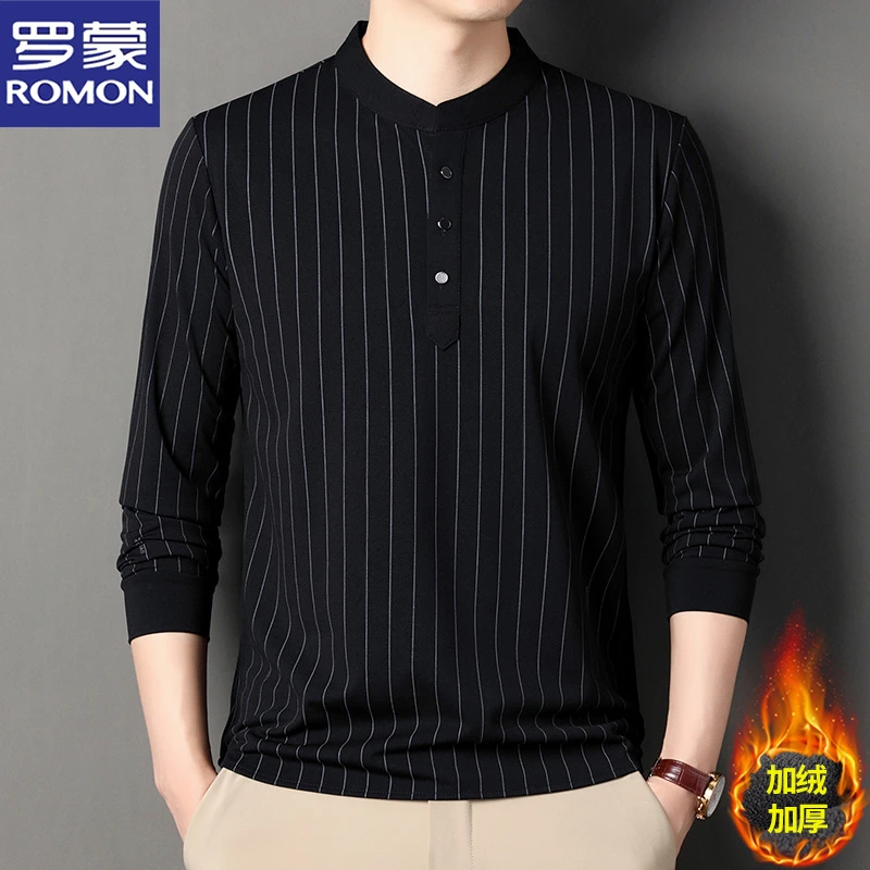 罗蒙立领T恤衫秋冬季圆领休闲长袖上衣条纹宽松加绒男士打底衫