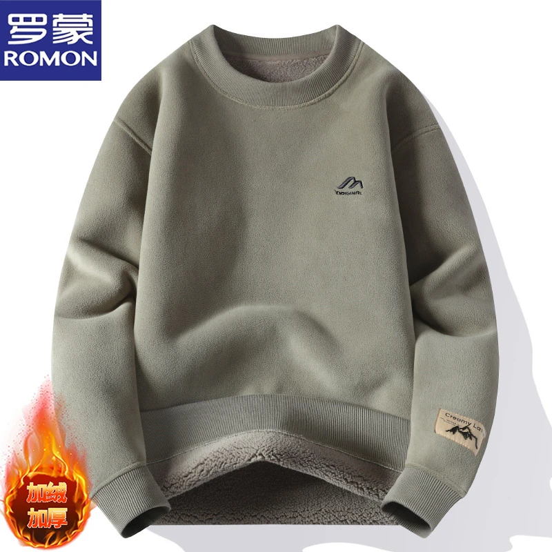 罗蒙2024冬季加绒加厚圆领打底卫衣男士休闲百搭保暖软糯内搭上衣