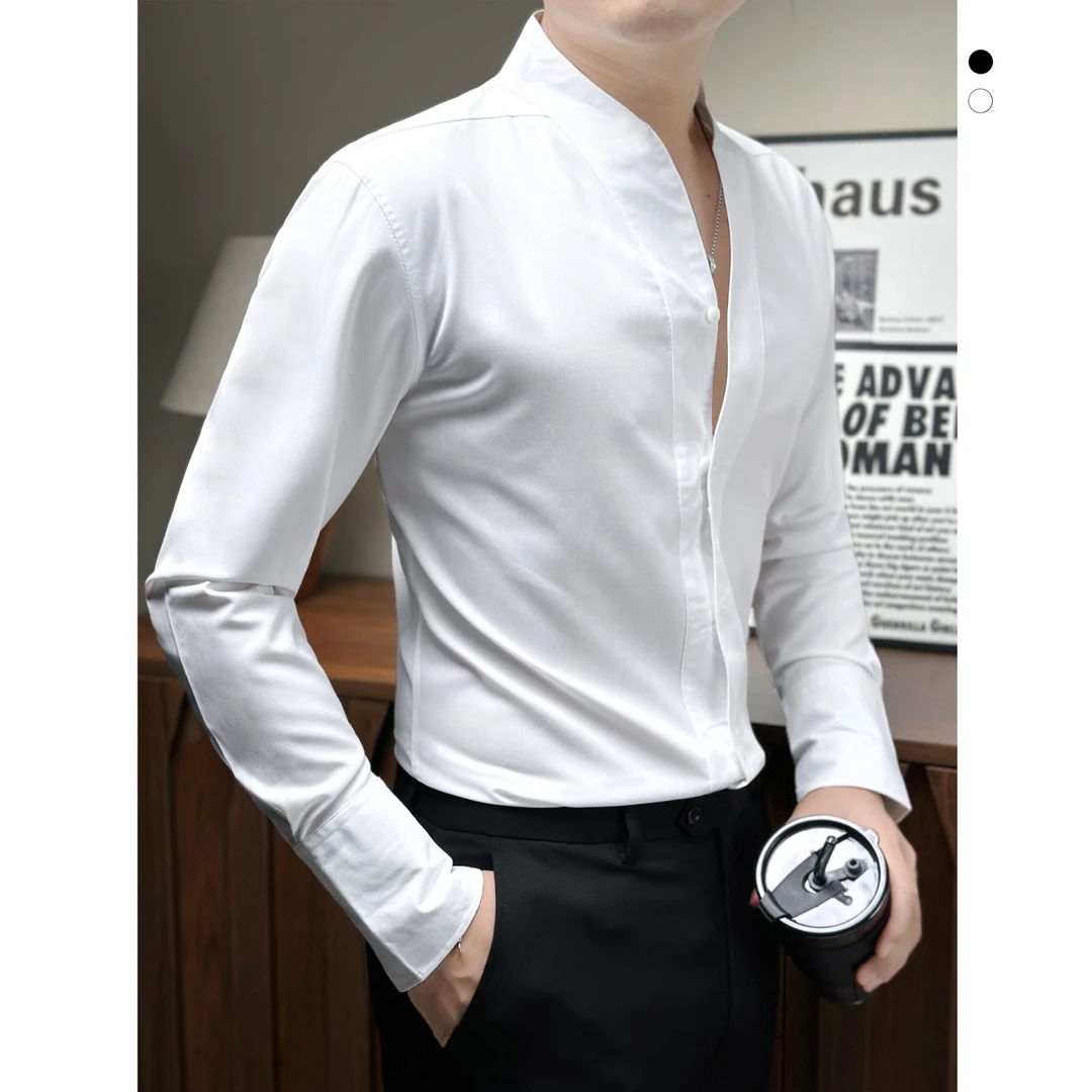 痞帅风大V领衬衫长袖男士春秋微胖男装高级感新款休闲无领衬衣男