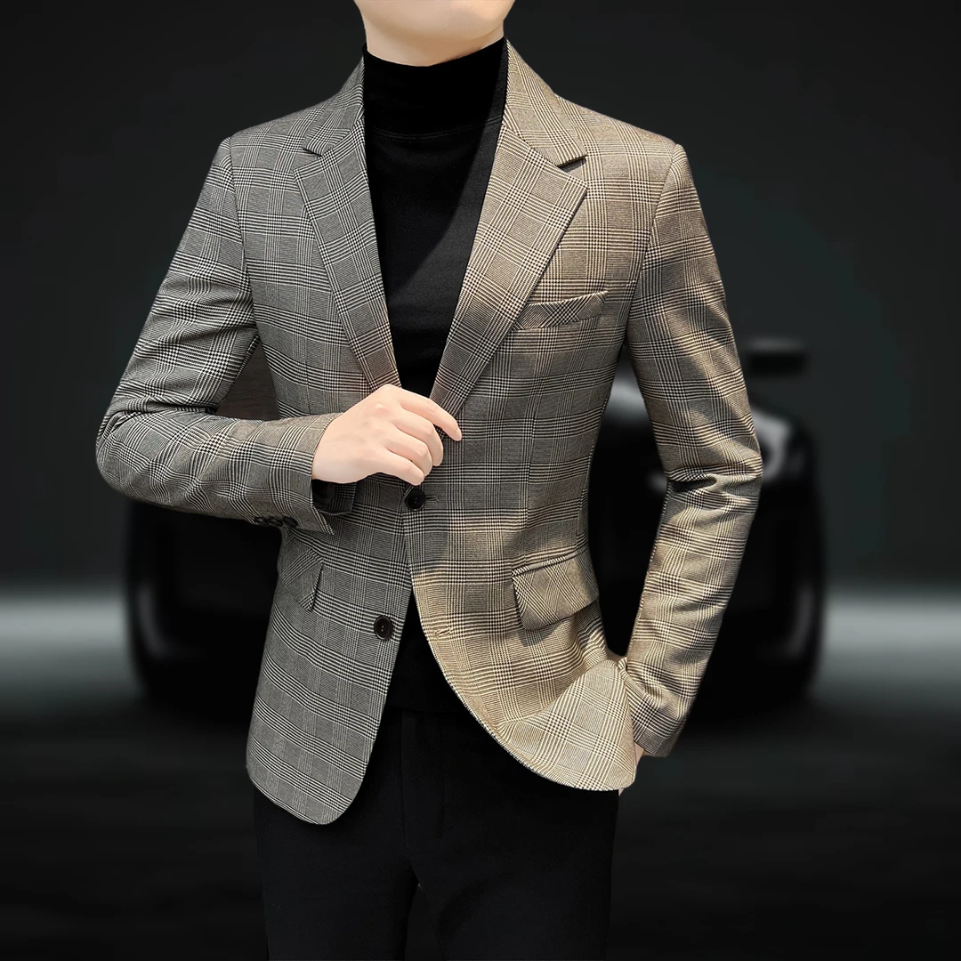 英伦格子西装外套男款春季新款绅士百搭男士休闲小西服单件上衣男