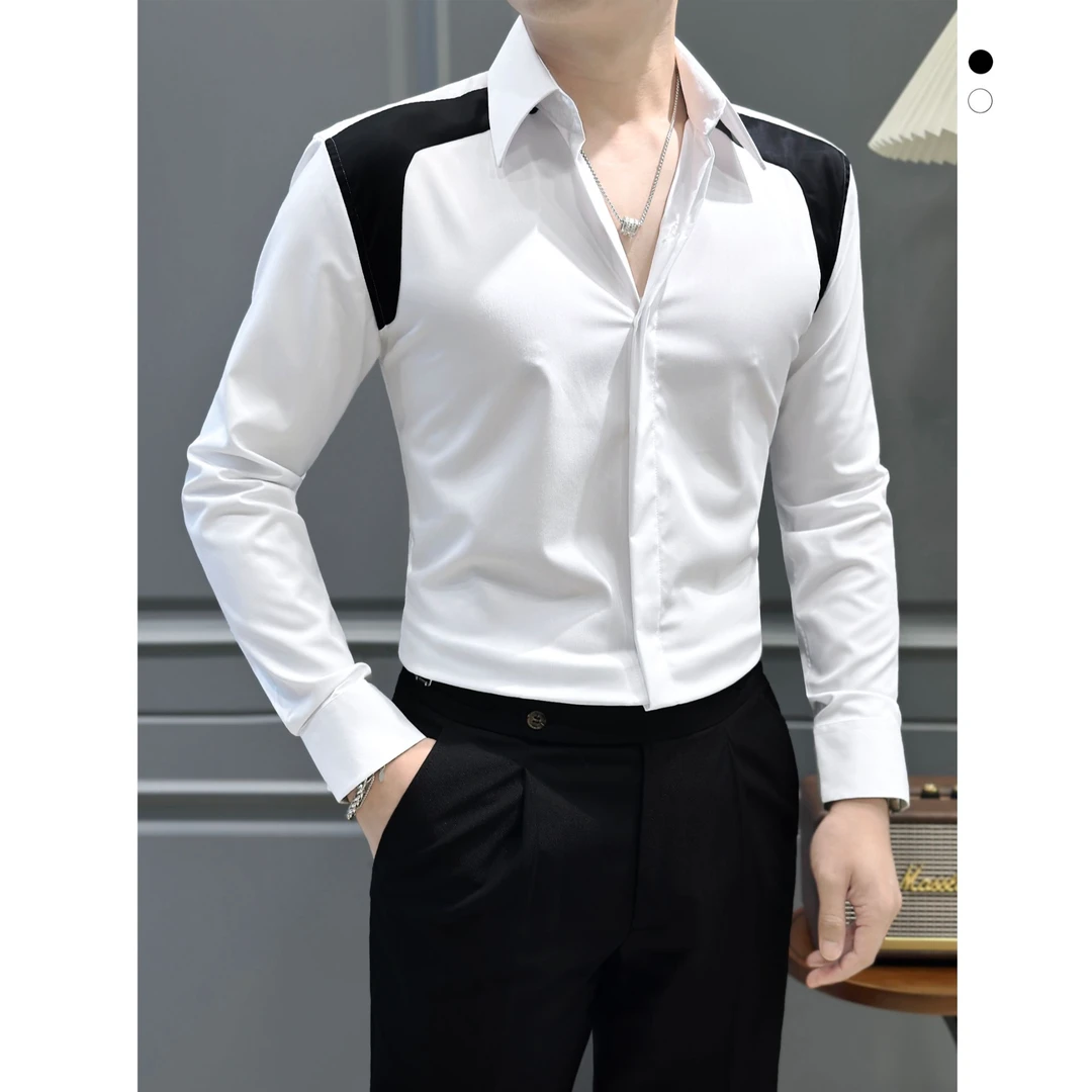 设计师潮牌衬衣男款长袖秋季新款休闲拼接皮大领职业衬衫男士上衣