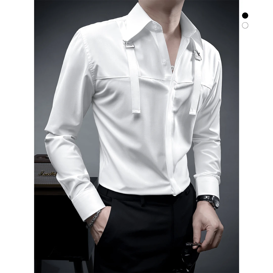 别致背带衬衫长袖男款爆款2024新款高级感男装设计感男士休闲衬衣
