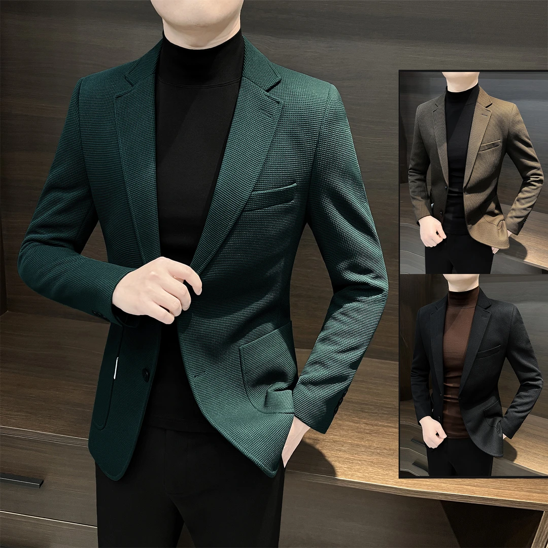 华夫格休闲西装外套上衣男款新款2025爆款秋季简约痞帅修身小西服