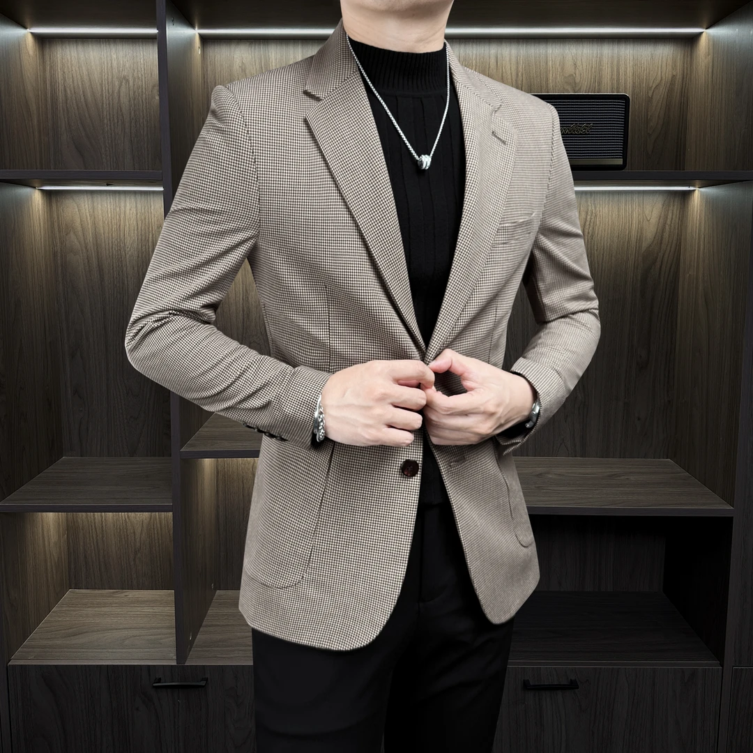 千鸟格男款小西装秋季高级感男装新款轻熟风格子男士休闲西服外套