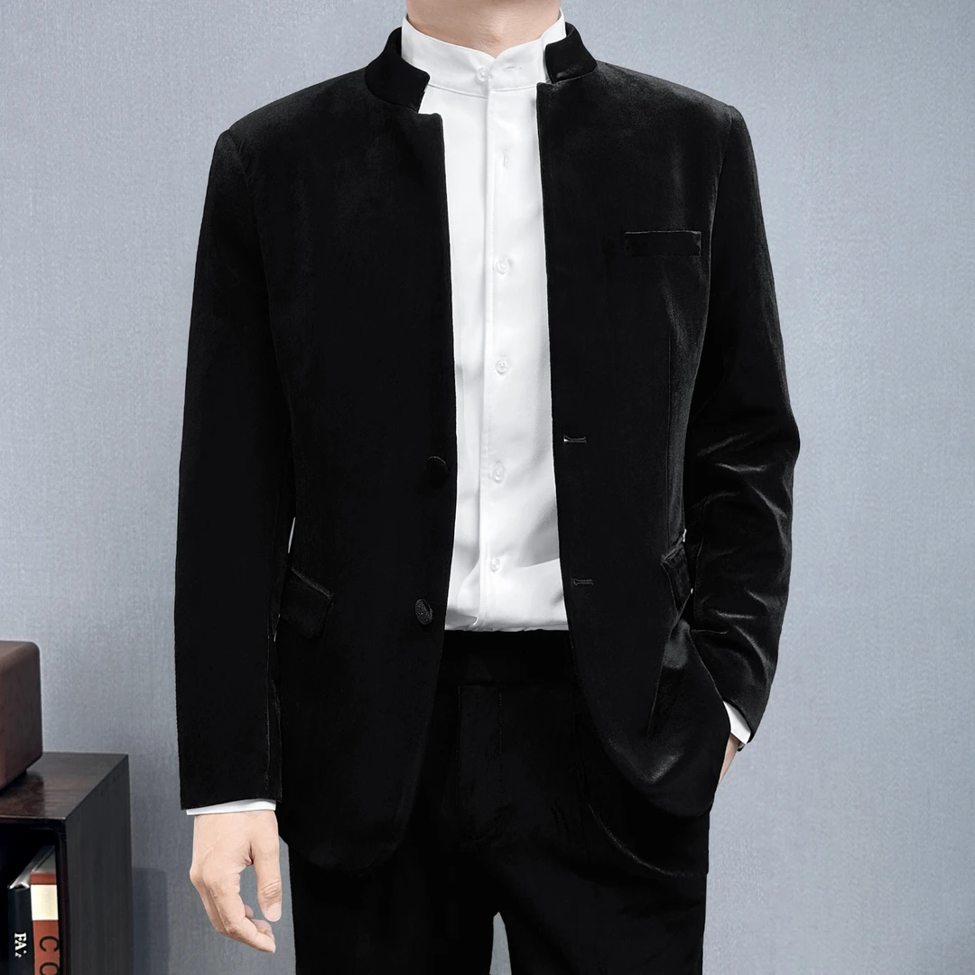 新中式礼服男士西服套装冬季新款中国风丝绒立领休闲西装外套男款