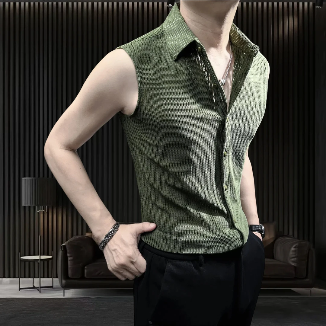 型男条纹背心男款爆款2025新款夏季清凉感潮流修身镂空无袖衬衫男