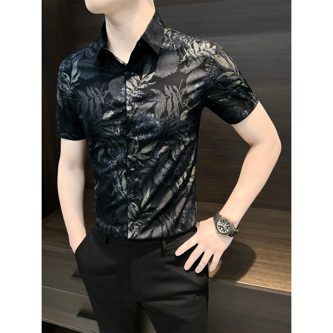 复古涂鸦花短袖衬衫男款夏季冰丝气质高级感碎花痞帅男士衬衣上衣