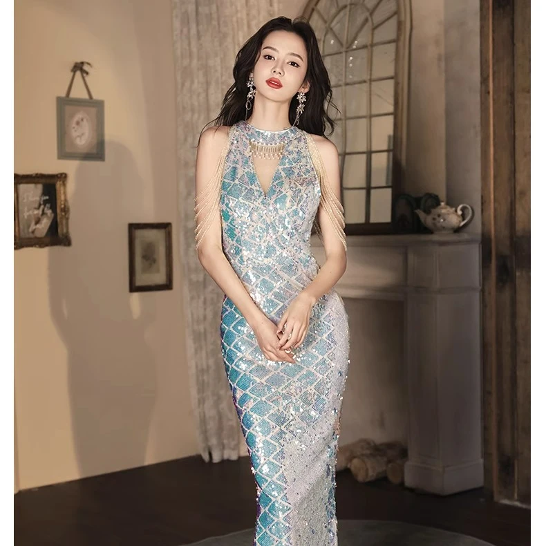 晚礼服女长款鱼尾修身亮片小众人鱼姬聚会宴会年会生日主持表演出