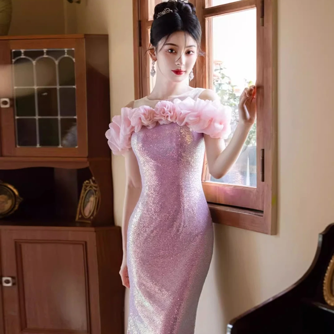 晚礼服女粉色亮片裙晚宴会订婚鱼尾气质主持人年会轻奢高级感演出