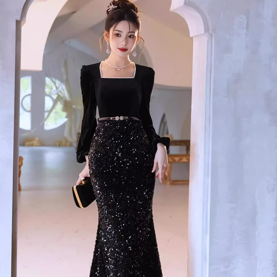 晚礼服女长款长袖秋冬鱼尾修身显瘦气质黑色晚宴会年会走秀方领