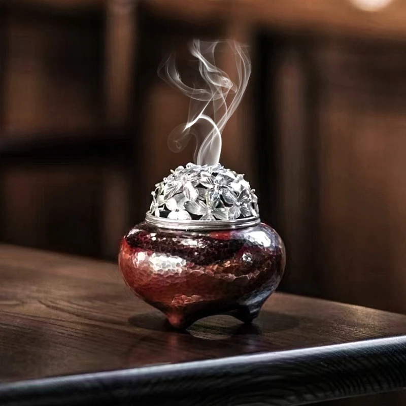 王府银庄香炉足银999香器香道摆件复古纯手工紫铜炉茶道配件 繁花