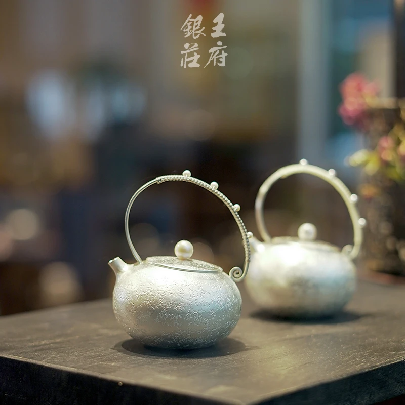 足银999银壶泡茶壶日式复古纯手工一张打足银提梁壶功夫茶具 怡珠