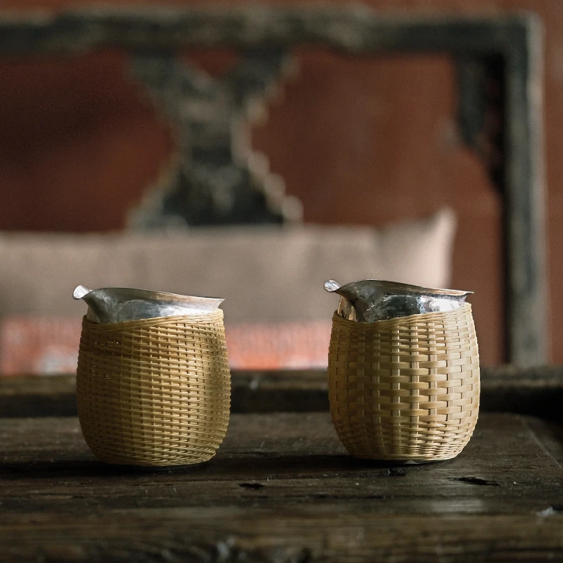 王府银庄 足银999公道杯纯手工一张打竹编公杯日式复古茶器 成竹