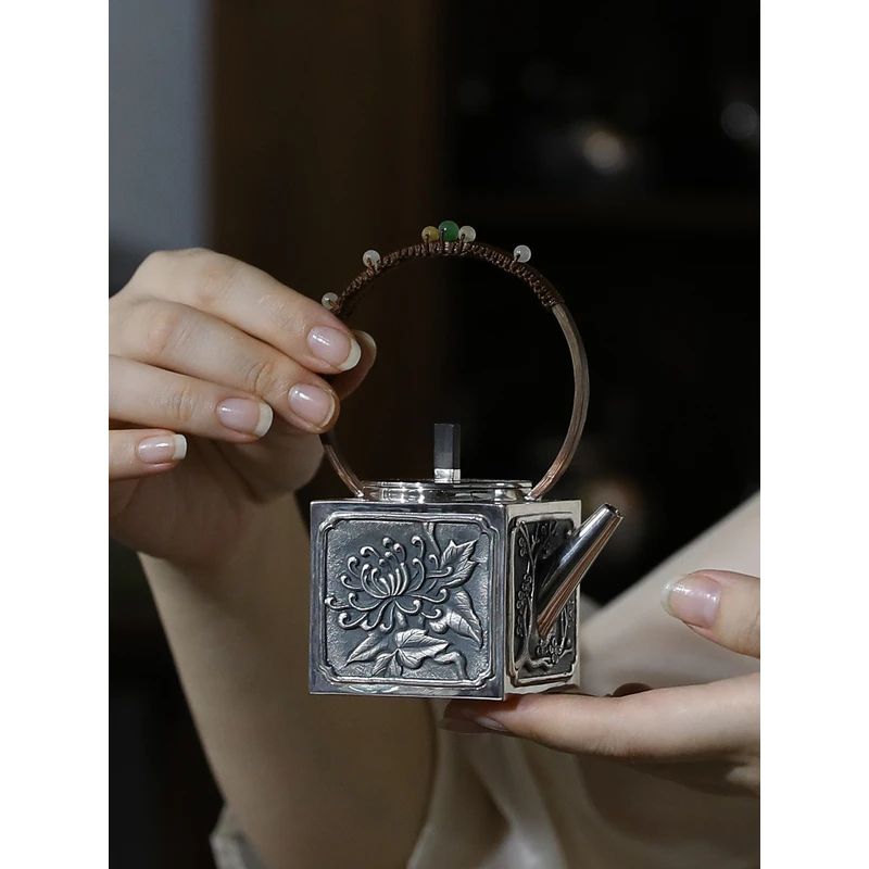 故式银壶足银999泡茶壶日式原创提梁壶纯手工錾刻家用小茶壶 君子