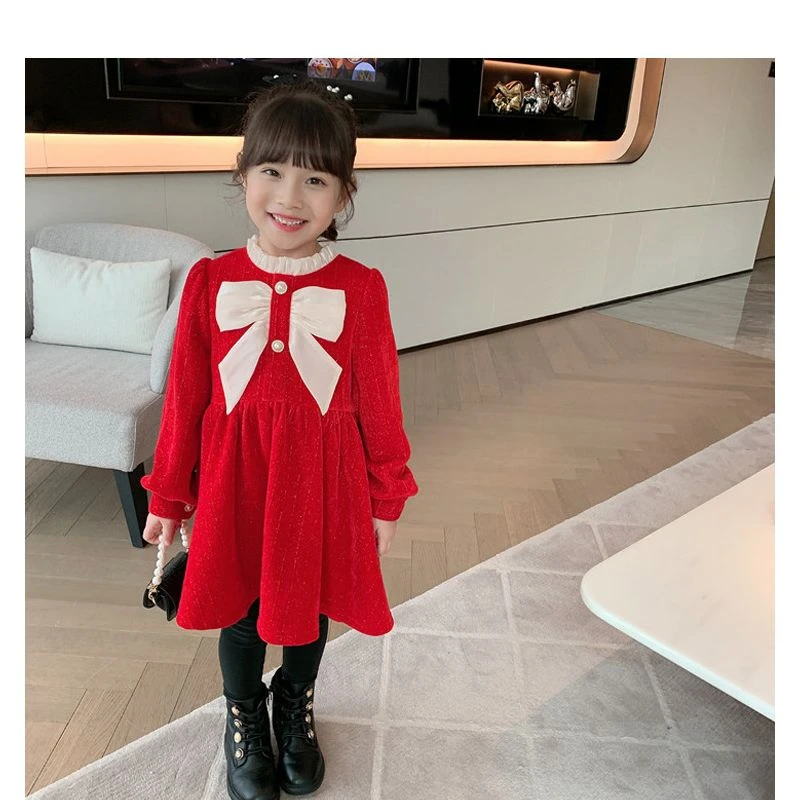 儿童加绒连衣裙冬装女宝宝蝴蝶结纯色公主裙