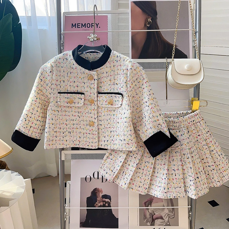 女童小香风夹棉套装春季新款编织外套百褶短裙宝宝两件套ACA075