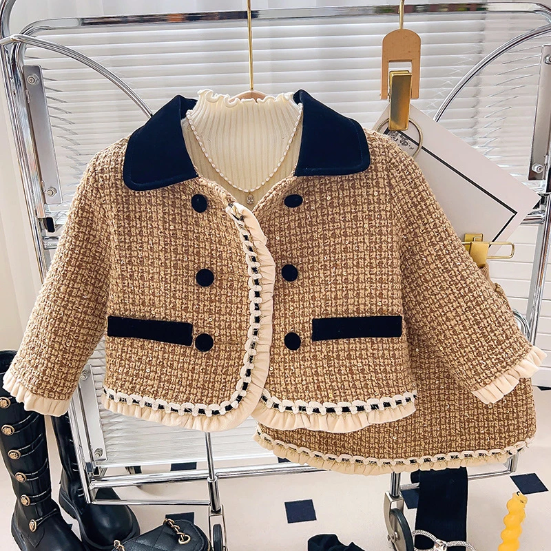 女童小香风套装冬季新款小香风粗花呢外套半身裙两件套GC0326