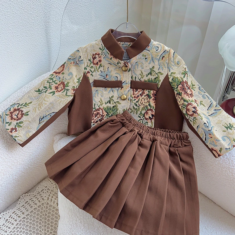 女童小香风套装春秋季新款洋气复古花朵外套百褶短裙两件套