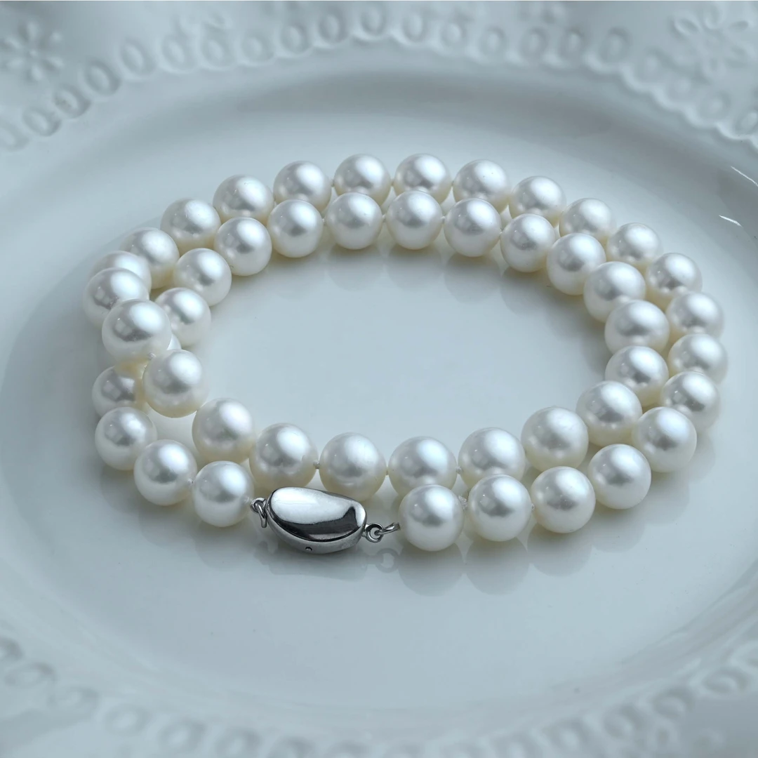 【天女白雪】9-10mm淡水无核珍珠项链近正圆微瑕强光S925百搭经典