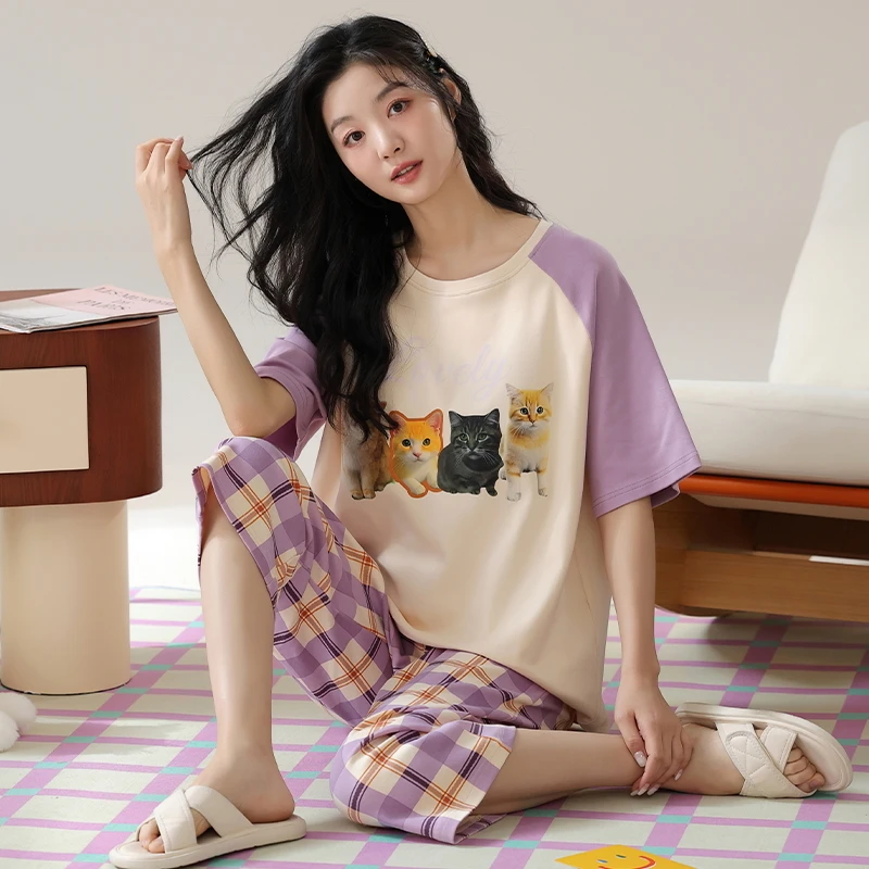 2024新款女夏季短袖七分裤紫色猫咪套装(樱79985
