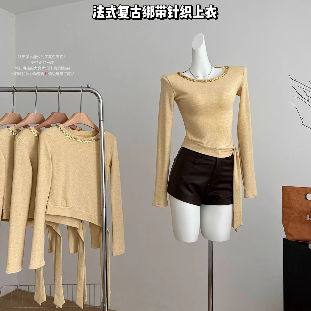 法式复古设计感开叉绑带T恤女秋不规则洋气小众别致打底长袖上衣