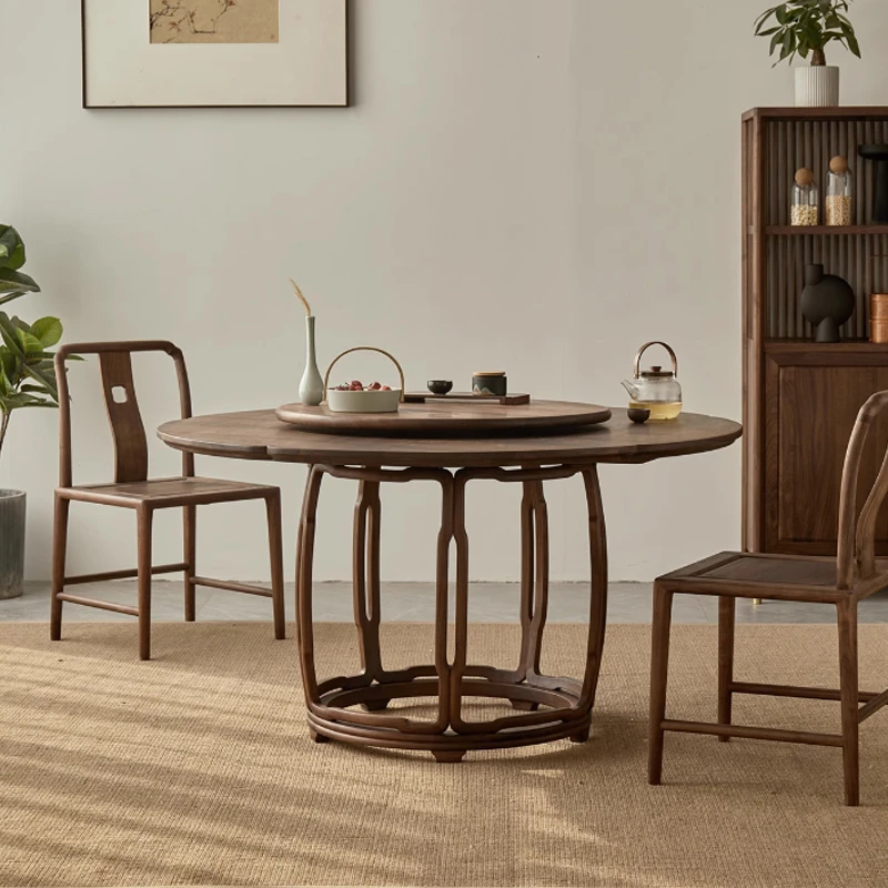 新中式圆桌组合北美黑胡桃实木餐桌椅轻奢家用带转盘餐台高定家具