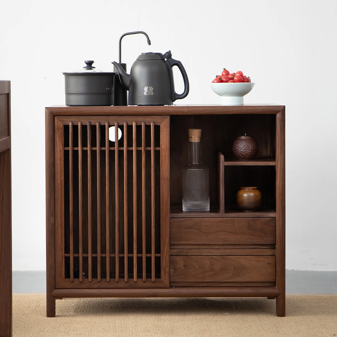 新中式茶水柜黑胡桃实木茶水台下置水桶现代烧水茶边柜储物柜家具