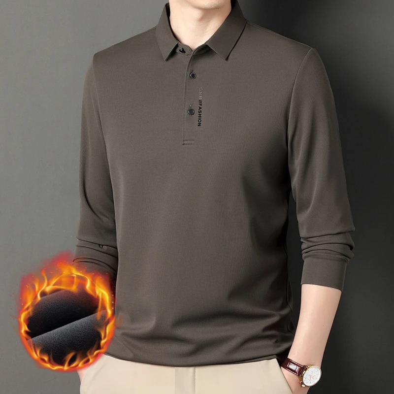 加绒加厚小字母纯色玉米粒Polo衫冬季长袖保暖中年时尚翻领男装