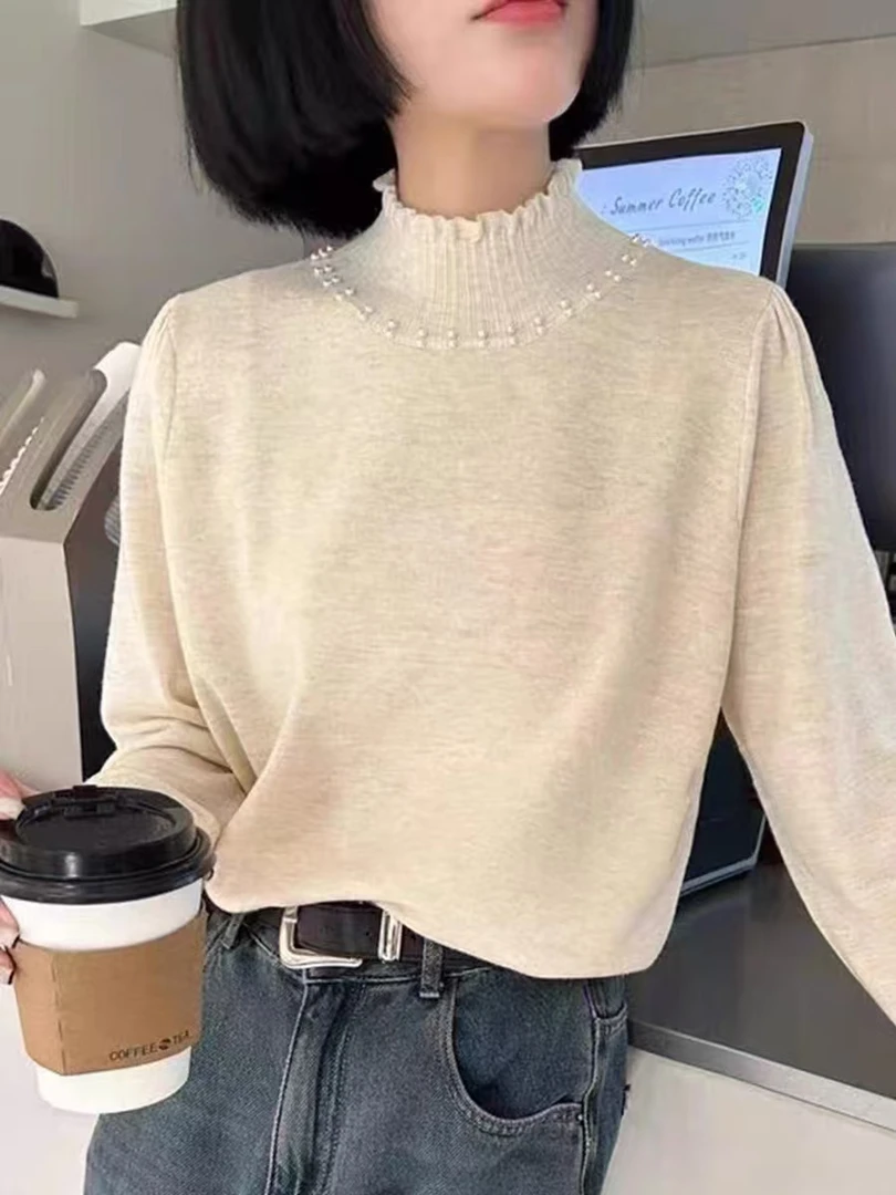 3696秋冬新款打底衫钉珠高领重工小衫