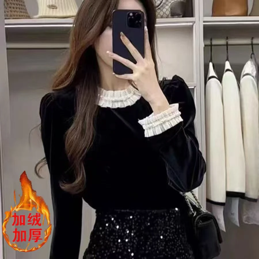 加绒法式复古蕾丝拼接金丝绒上衣女秋冬时尚时髦洋气长袖打底衬衫