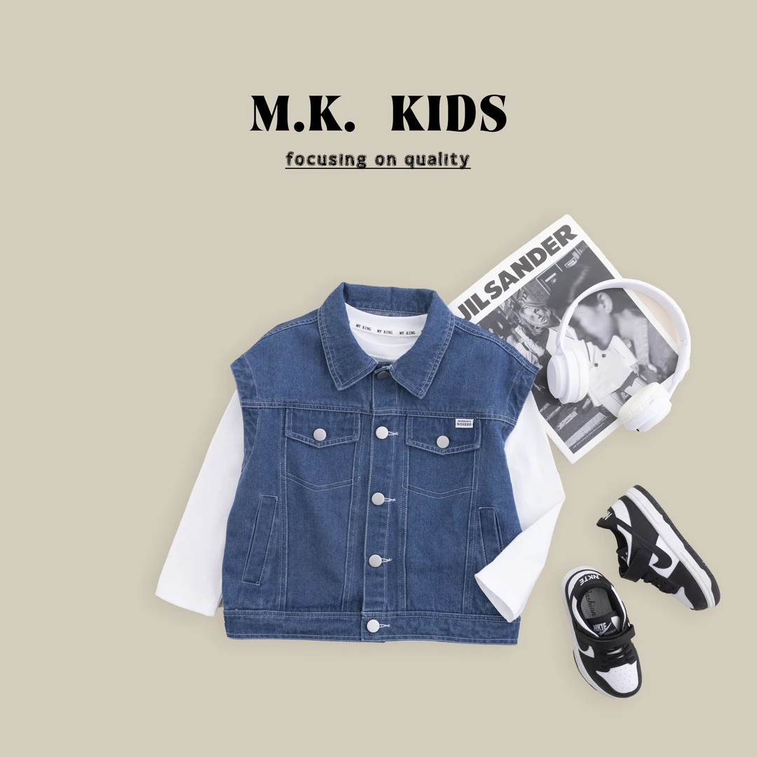 现货MK品牌24年织里春夏童装经典百搭儿童春款牛仔马甲CM80109