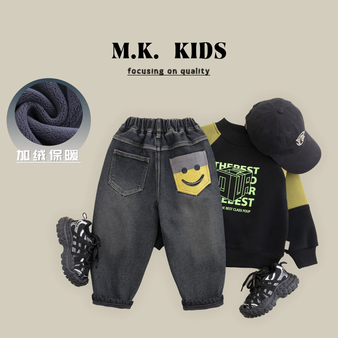儿童冬款加绒牛仔裤男童潮酷百搭上衣2024新款DF7389华子童装