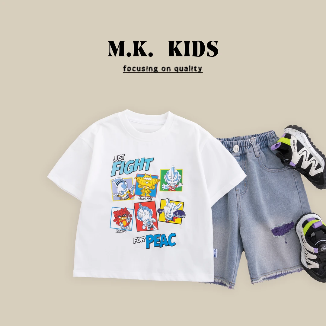 现货24夏季新款潮流帅气休闲时尚卡通印花纯棉儿童短袖T恤XA80407