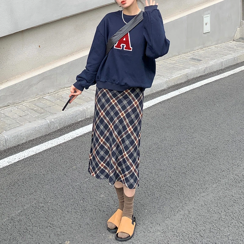 【大婷定制】衣嘉小铺-时尚百搭开叉加厚ins冬季毛呢复古格子半身裙