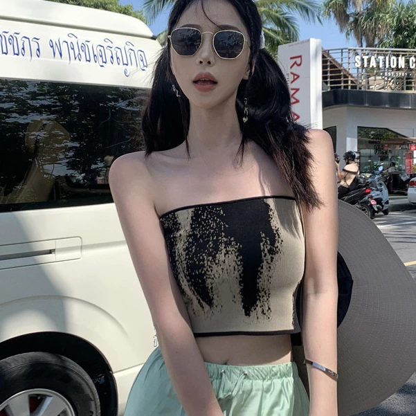 美式复古百搭辣妹小众抹胸性感吊带背心撞色内搭针织外穿修身上衣