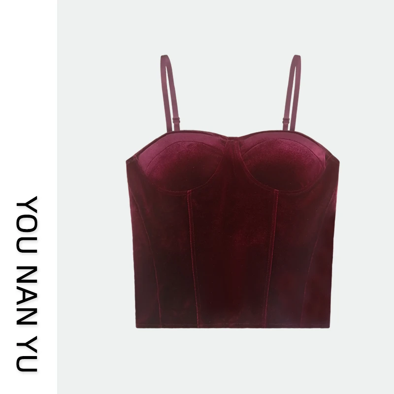 法式复古红色丝绒吊带背心女秋冬内搭带胸垫性感打底抹胸外穿上衣