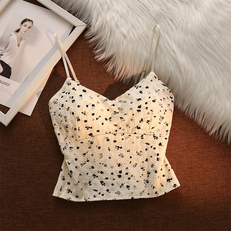 高档碎花吊带背心带胸垫V领抹胸美背可外穿夏季小众打底辣妹上衣