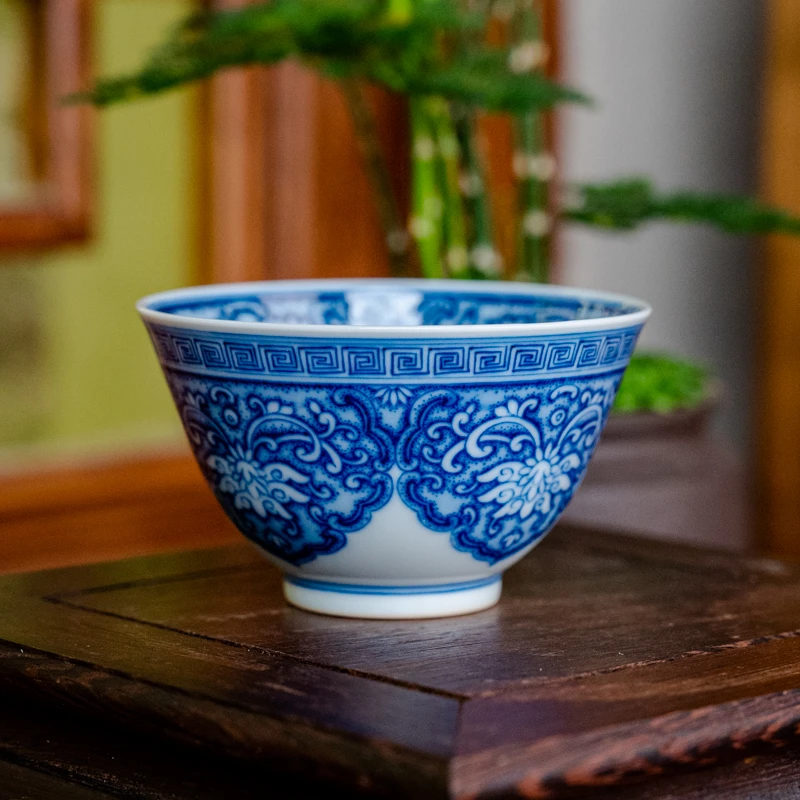 景德镇双板桥柴窑纯手工手绘青花缠枝莲重工马蹄杯中式复古茶具