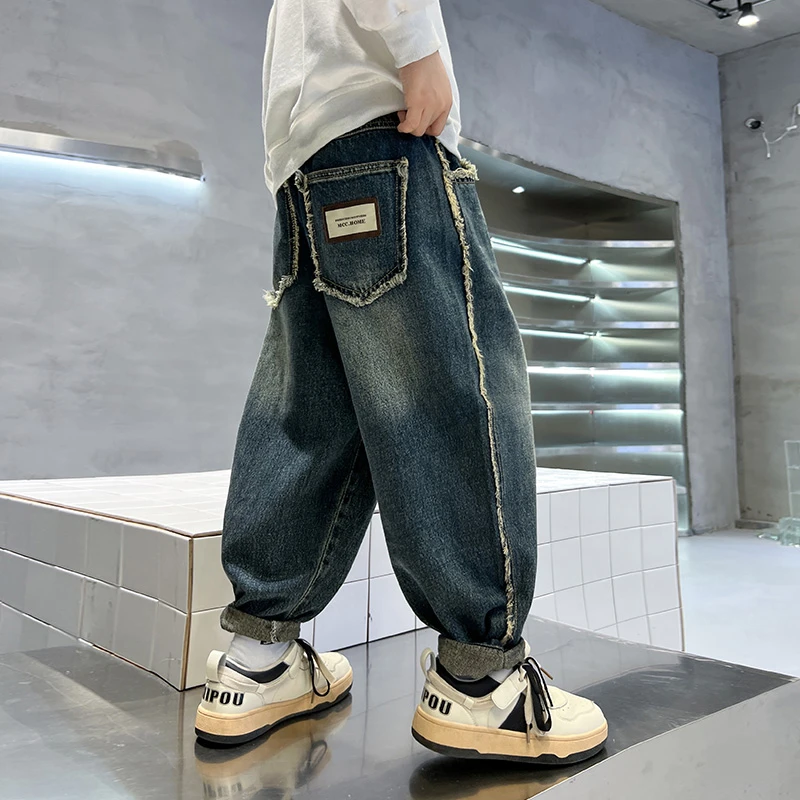 男童毛边牛仔裤春秋款2023新款儿童秋装裤子中大童男孩潮秋季童装