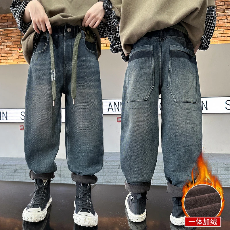 男童加绒牛仔裤2023秋冬款中大童帅气休闲长裤儿童加厚宽松裤子潮