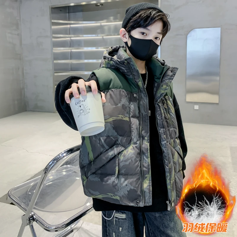 男童男孩马甲新款儿童拼色连帽加厚保暖外套中大童洋气潮牌冬装